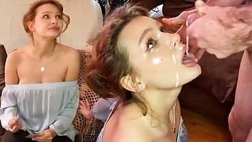 Живая тёлка - игрок сосёт член и получает камшот на лицо (с субтитрами)